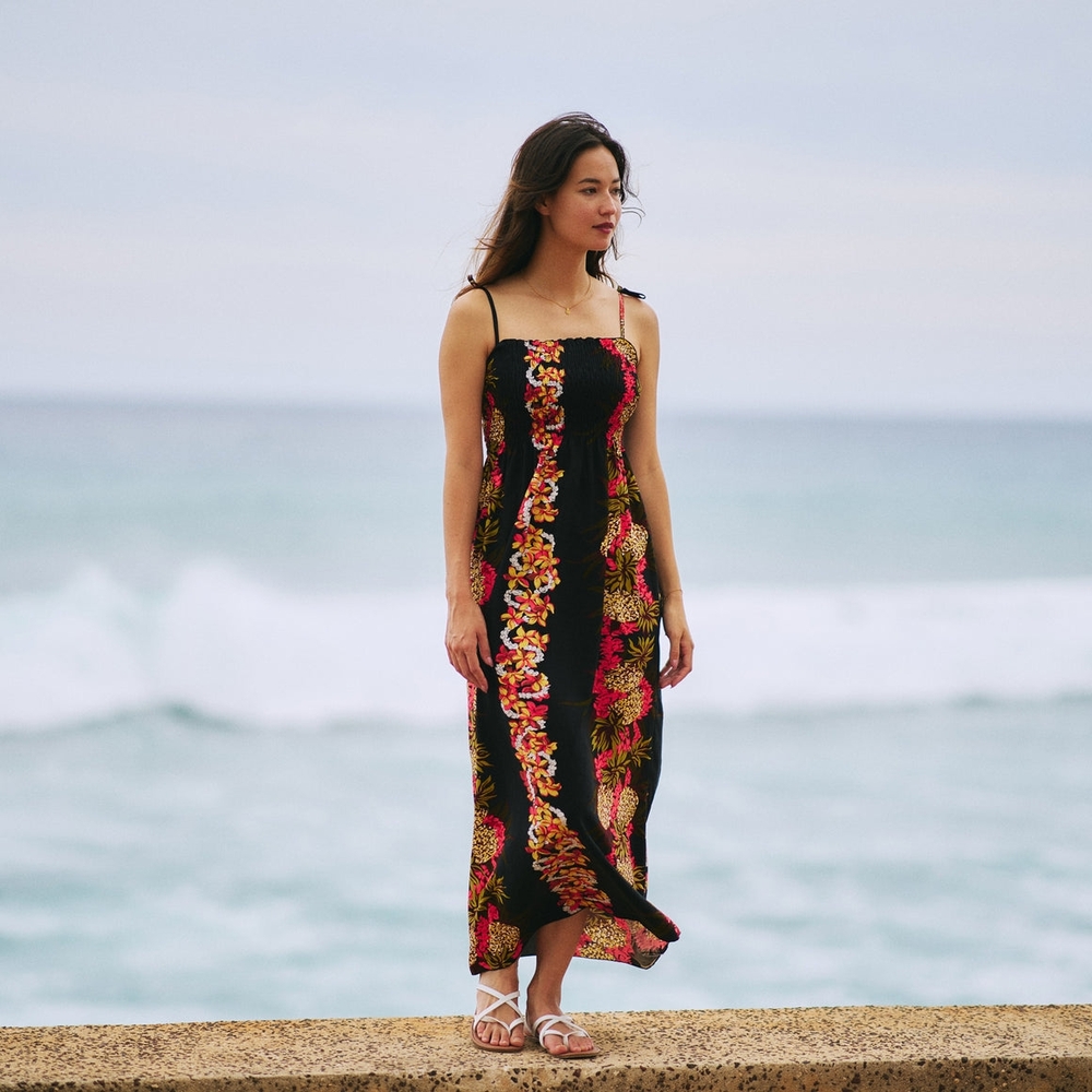 Hilo Hattie Black and Pink Floral Long Smock Dress
